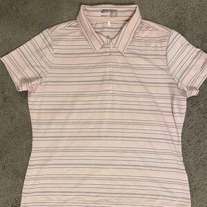 Women’s NIKE Dry Fit Short Sleeve Golf Shirt. Pink with Blue and White Stripes.